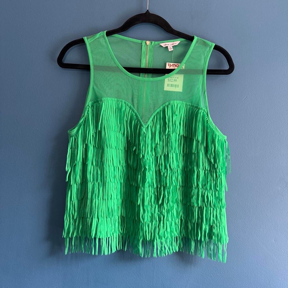 Green Fringe Tank Top Women's Size Large NWT Mesh Crop Naked Zebra Going Out